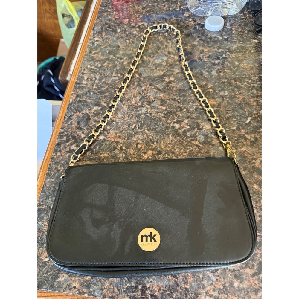 Mary‎ Kay Black Faux Leather Baguette Shoulder Bag Gold Chain Strap MK Logo